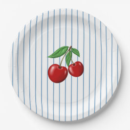 Red Cherries op Blue Stripes Graphic Pattern Papieren Bordje