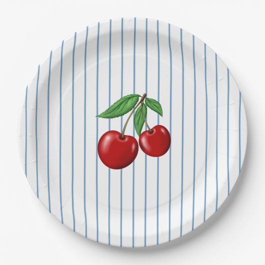 Red Cherries op Blue Stripes Graphic Pattern Papieren Bordje (Voorkant)