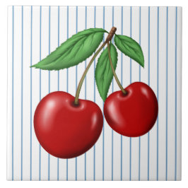 Red Cherries op Blue Stripes Graphic Pattern Tegeltje