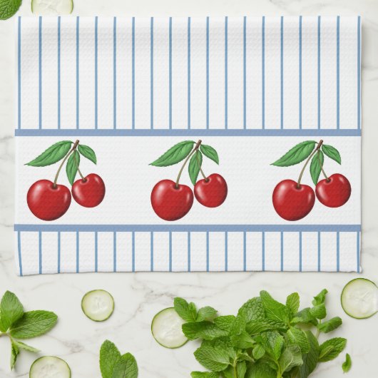 Red Cherries op Blue Stripes Graphic Pattern Theedoek (Gevouwen)