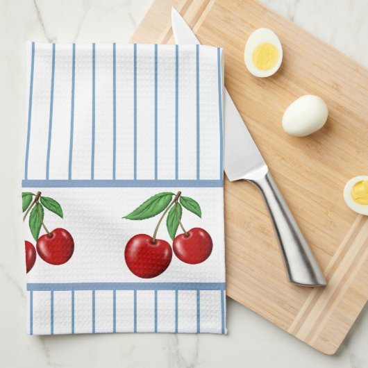 Red Cherries op Blue Stripes Graphic Pattern Theedoek (Quarter Fold)
