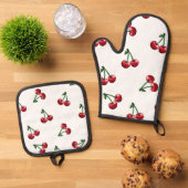 Red Cherries Pattern Design Ovenwant & Pannenlap Set (Top down)