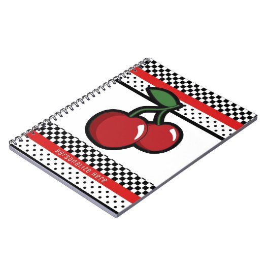 Red Cherries Red Black en White Retro op maat Notitieboek (Linkerzijde)