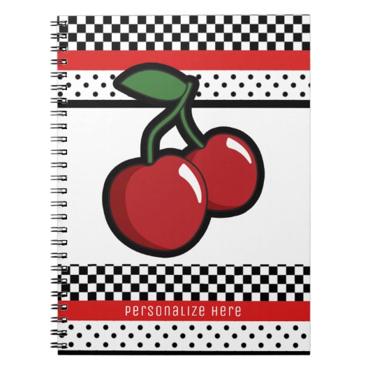 Red Cherries Red Black en White Retro op maat Notitieboek (Voorkant)