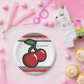 Red Cherries Retro Glam Black & Red Party Papieren Bordje (Feest)