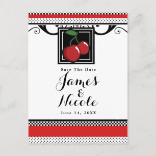Red Cherries Retro Glam Black & Red Save the Date Aankondigingskaart