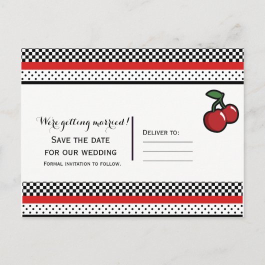 Red Cherries Retro Glam Zwart & Rood Bewaar de dat Aankondigingskaart (Achterkant)