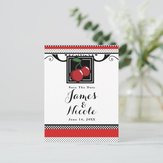 Red Cherries Retro Glam Zwart & Rood Bewaar de dat Aankondigingskaart (Staand voorkant)