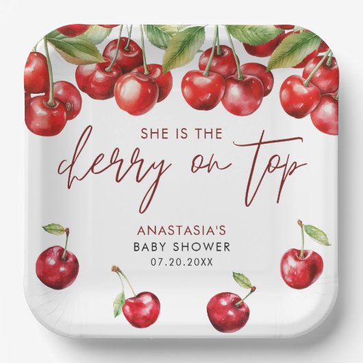 Red Cherry Baby shower Papieren Bordje (Voorkant)