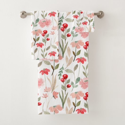 Red Cherry Berry Bloemen Waterverf Patroon Bad Handdoek (Insitu)
