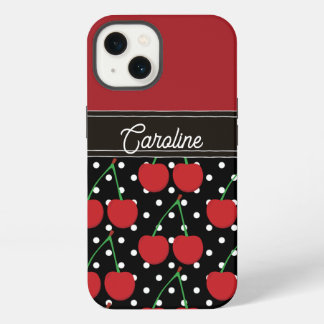 Red Cherry Black Polka Dots gepersonaliseerd iPhone 13 Hoesje