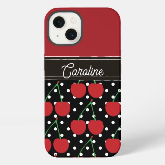 Red Cherry Black Polka Dots gepersonaliseerd iPhone Hoesje (Achterkant)