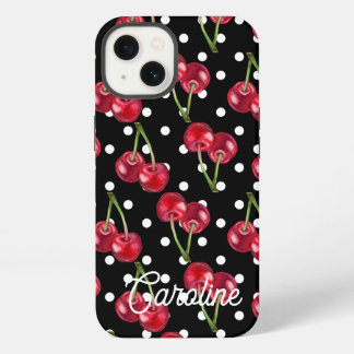 Red Cherry Black Polka Dots gepersonaliseerd iPhone 13 Hoesje