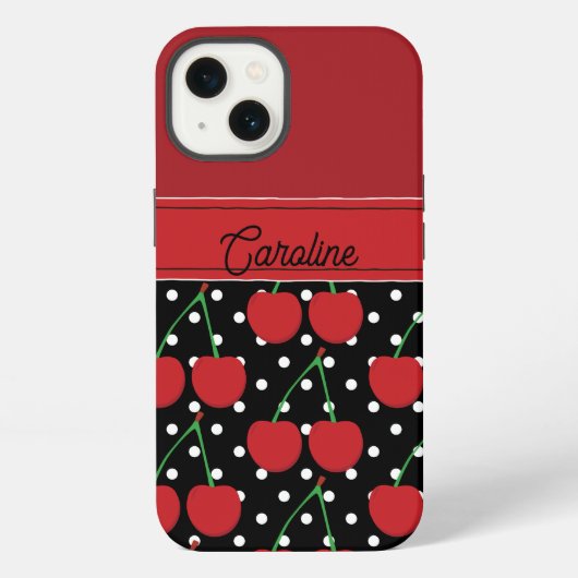 Red Cherry Black Polka Dots gepersonaliseerd iPhone Hoesje (Achterkant)