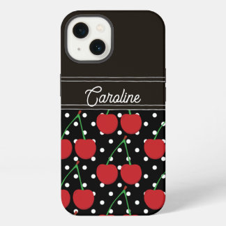 Red Cherry Black Polka Dots gepersonaliseerd iPhone 13 Hoesje