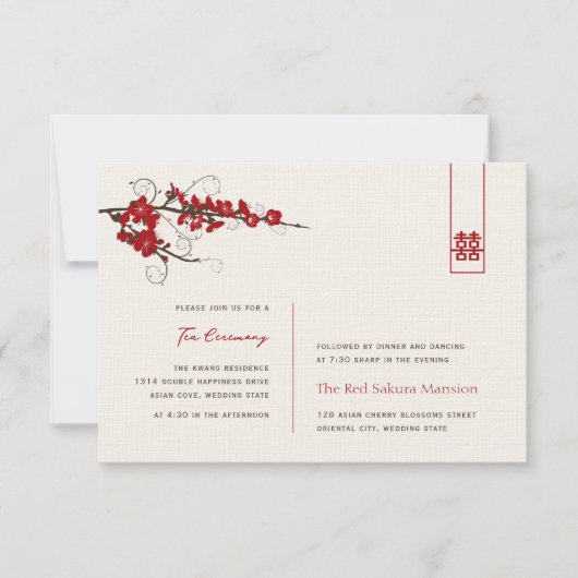 Red Cherry Blossom Chic Asian Wedding Reception Kaart (Voorkant)
