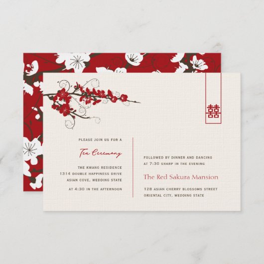 Red Cherry Blossom Chic Asian Wedding Reception Kaart (Voorkant / Achterkant)