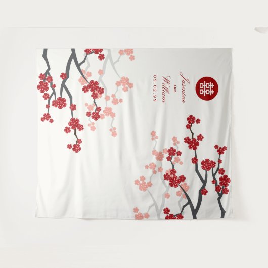 Red Cherry Blossom Chinese Weddenfoto Achtergrond Wandkleed (Voorkant (horizontaal))
