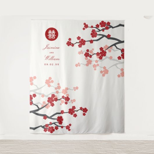Red Cherry Blossom Chinese Weddenfoto Achtergrond Wandkleed (Voorkant)