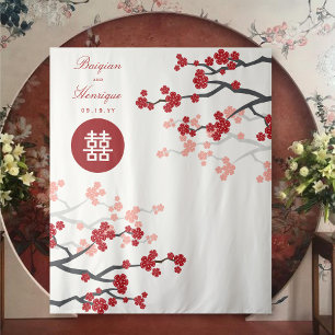 Red Cherry Blossom Chinese Weddenfoto Achtergrond Wandkleed