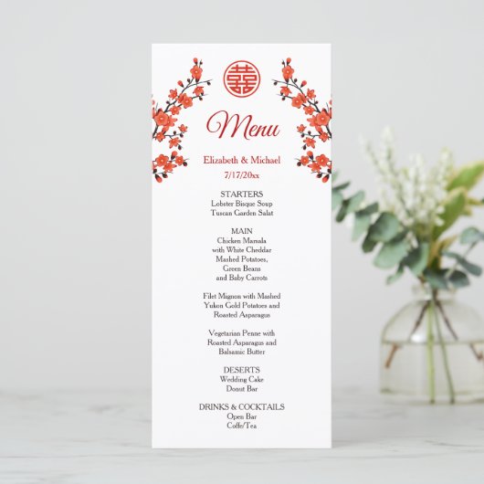 Red Cherry Blossom Chinese Wedding Menu Kaart (Staand voorkant)