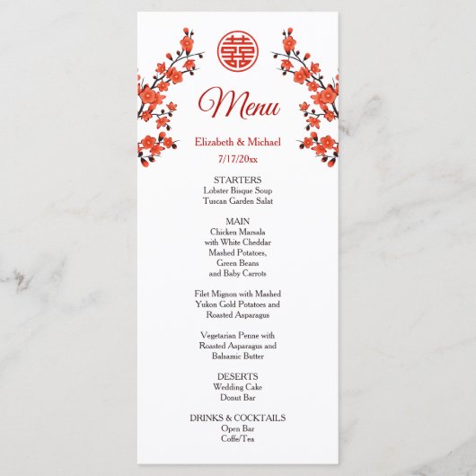 Red Cherry Blossom Chinese Wedding Menu Kaart (Voorkant)
