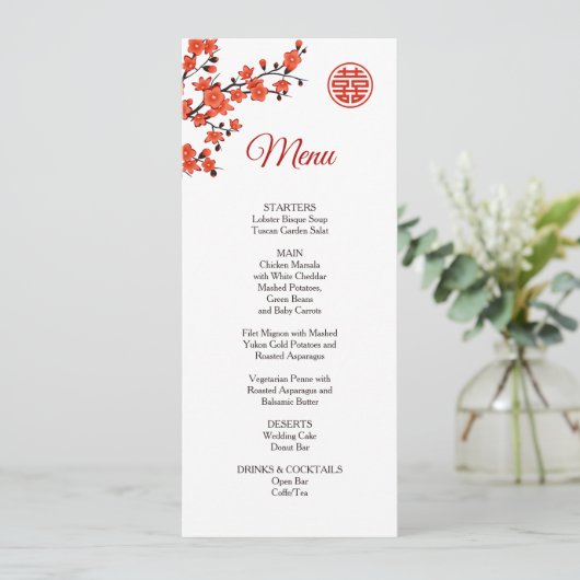 Red Cherry Blossom Chinese Wedding Menu Kaart (Staand voorkant)
