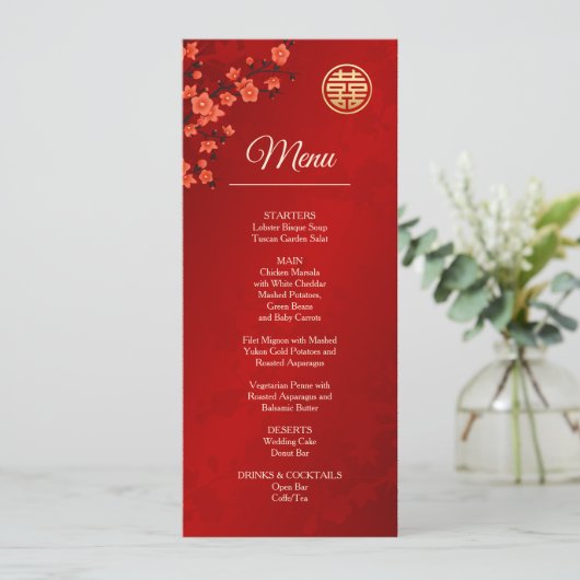 Red Cherry Blossom Chinese Wedding Menu Kaart (Staand voorkant)