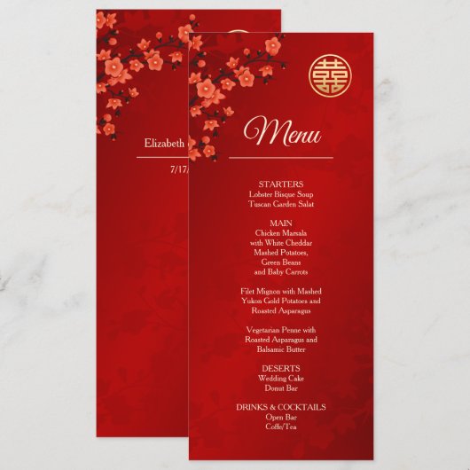 Red Cherry Blossom Chinese Wedding Menu Kaart (Voorkant / Achterkant)