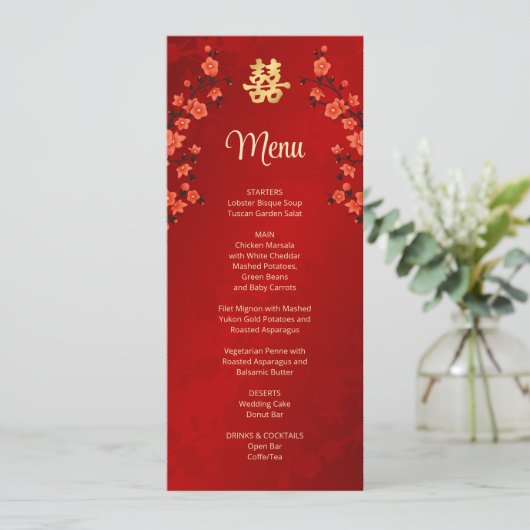 Red Cherry Blossom Chinese Wedding Menu Kaart (Staand voorkant)