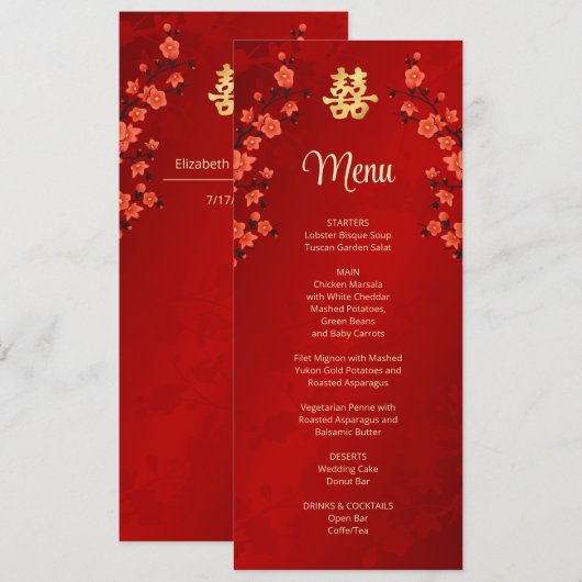 Red Cherry Blossom Chinese Wedding Menu Kaart (Voorkant / Achterkant)