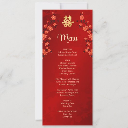 Red Cherry Blossom Chinese Wedding Menu Kaart (Voorkant)
