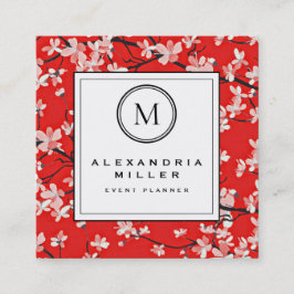 Red Cherry Blossom Floral | Monogram Vierkante Visitekaartje
