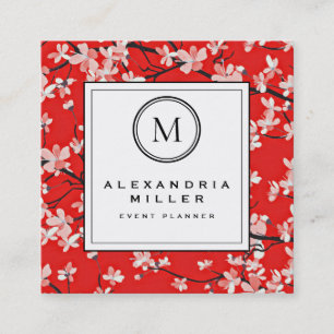 Red Cherry Blossom Floral   Monogram Vierkante Visitekaartje