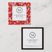Red Cherry Blossom Floral | Monogram Vierkante Visitekaartje (Voorkant / Achterkant)