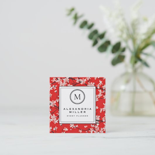 Red Cherry Blossom Floral | Monogram Vierkante Visitekaartje (Staand voorkant)