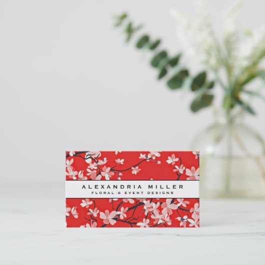Red Cherry Blossom Floral White Banner Visitekaartje (Staand voorkant)