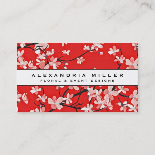 Red Cherry Blossom Floral White Banner Visitekaartje (Voorkant)