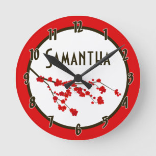 Red Cherry Blossom Flower Personalized Clock Ronde Klok
