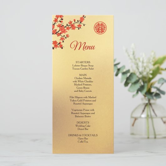 Red Cherry Blossom Gold Chinese WeddenMenu Menu (Staand voorkant)
