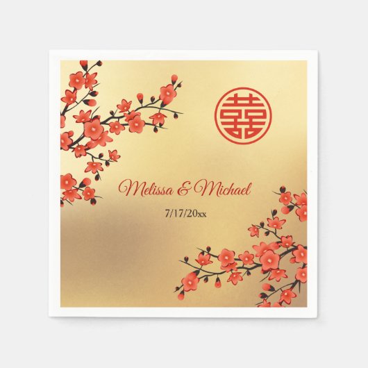 Red Cherry Blossom Gold Chinese Weddenschap Servet (Voorkant)