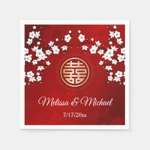 Red Cherry Blossom Gold Chinese Weddenschap Servet