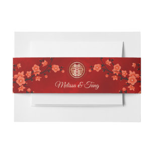 Red Cherry Blossom Gold Chinese Weddenschap Uitnodigingen Wikkel