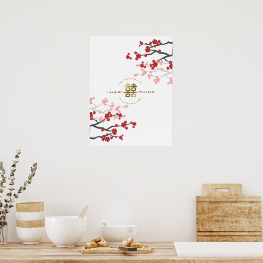 Red Cherry Blossom Gold Double Happiness Poster (Keuken)