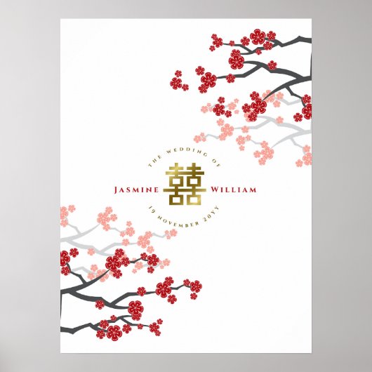 Red Cherry Blossom Gold Double Happiness Poster (Voorkant)