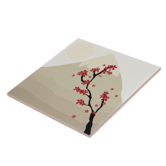 Red Cherry Blossom Mount Fuji Japan Illustratie Tegeltje (Zijkant)