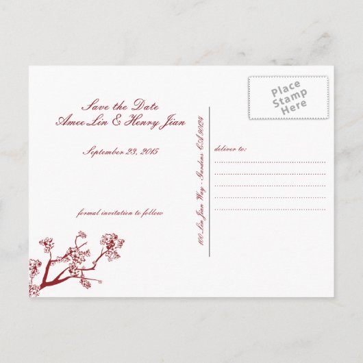 Red Cherry Blossom Oriental Wedding Save the Date Aankondigingskaart (Achterkant)