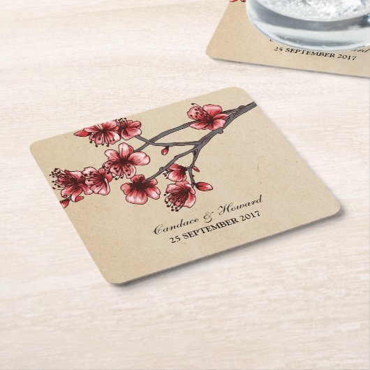 Red Cherry Blossom Paper Onderzetters (Schuin)