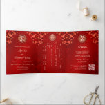Red Cherry Blossom Red | Chinese bruiloft Drieluik Uitnodiging<br><div class="desc">Deze traditionele tweetalige Chinese bruiloft uitnodiging heeft rode kersenbloesems en een ronde gouden dubbel gelukssymbool op een robijnrode glinsterende achtergrond. Bruid en bruidegom namen in een elegant klassiek script. Chinese bruiloft uitnodiging of thee ceremonie uitnodiging. Met een traditionele Chinese tekst aan de binnenzijde in het midden. Aan de rechterkant staan...</div>