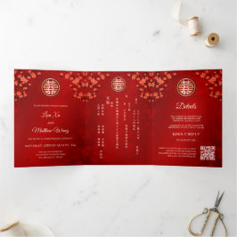 Red Cherry Blossom Red | Chinese bruiloft Drieluik Uitnodiging